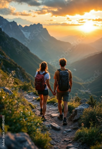 Hikers walking on mountain trail at sunset holding hands