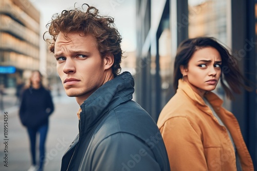 Troubled Relationship: Emotionally Charged Encounter Between a Young Man and Woman in Urban Setting, Capturing Tension and Misunderstanding in Their Expressions