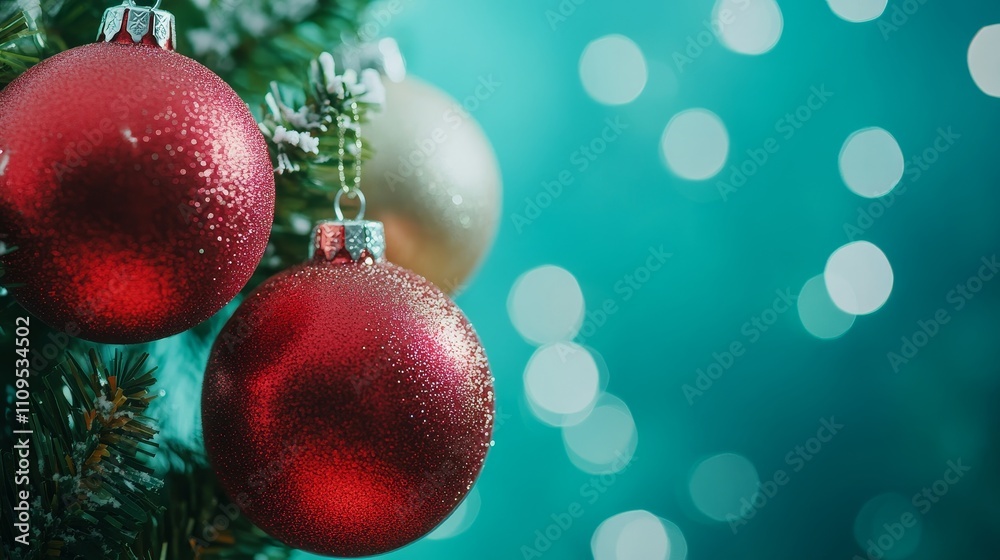 Festive Christmas Ornaments on Teal Background - Sparkling red and cream Christmas baubles adorn a snowy fir branch against a vibrant teal backdrop, symbolizing joy, celebration, winter, tradition, an Festive Christmas Ornaments on Teal Background - Sparkling red and cream Christmas baubles adorn a snowy fir branch against a vibrant teal backdrop, symbolizing joy, celebration, winter, tradition, an