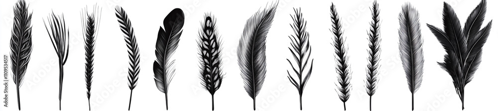 Obraz premium A variety of black and white hand-drawn feather pattern brush strokes arranged in rows