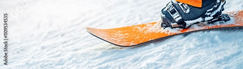 Close-up capture of snowboarder s gear interacting with fresh snow textures, snowboard powder gear focus, tactile detail