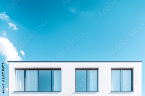 White simple architectural facade against blue sky for presentation with large concrete structures and clean lines, featuring a minimalistlook. photo