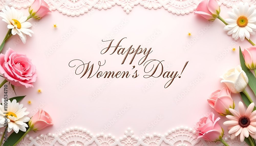 Happy Women's Day greeting with floral decorations and lace design on pastel pink background Happy Women's Day greeting with floral decorations and lace design on pastel pink background