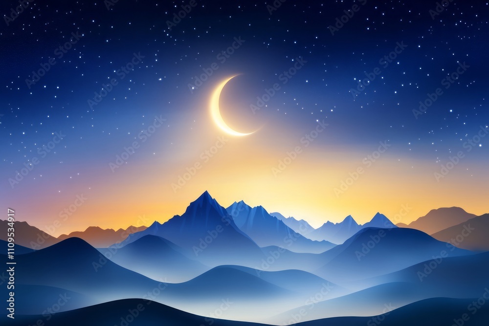 Fototapeta premium Crescent moon shining over mountain range at twilight under starry sky