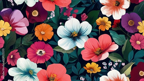  A vibrant array of colored blossoms against a dark backdrop, featuring lush green foliage and an assortment of red, white, yellow, and blue petals