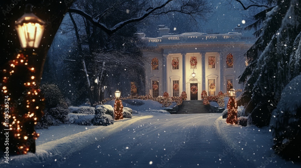 Obraz premium A Snowy Holiday christmas Scene with the White House