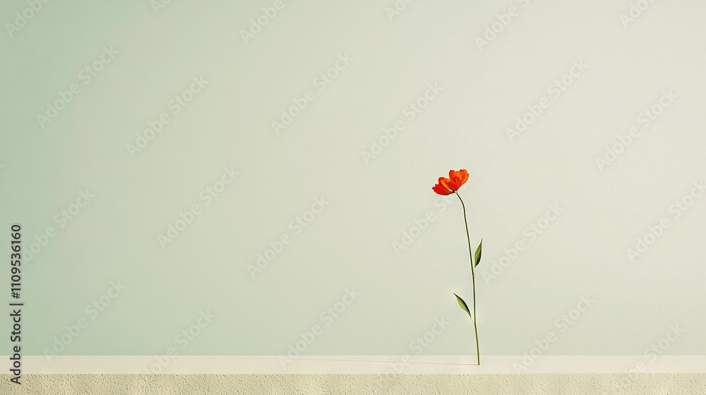 Fototapeta premium A solitary crimson blossom protruding from a fissure in a masonry facade against a celestial azure backdrop