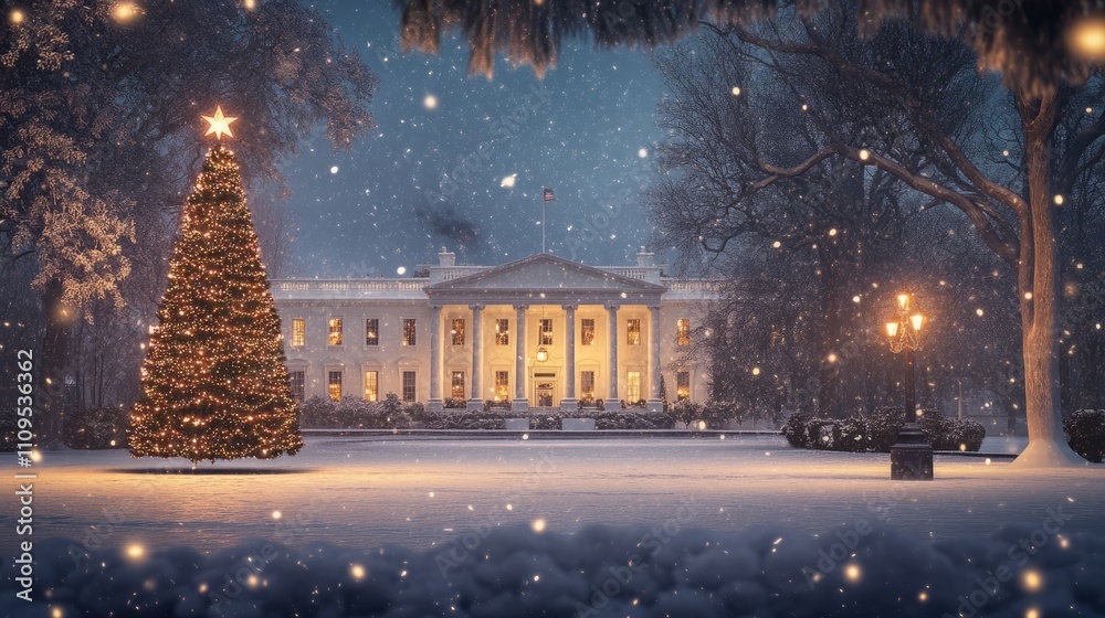 Fototapeta premium A Snowy Holiday christmas Scene with the White House