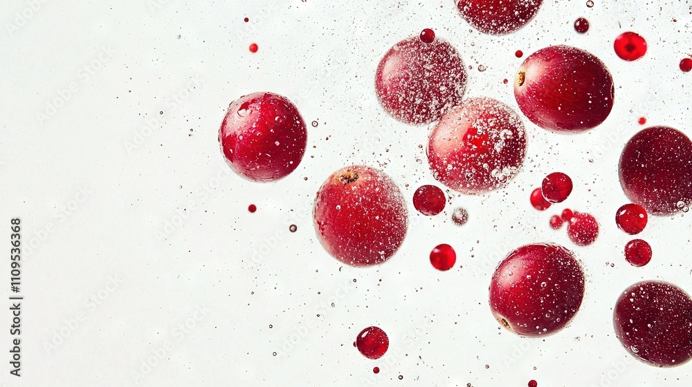 Red apples float in white liquid with water droplets on a white surface Red apples float in white liquid with water droplets on a white surface