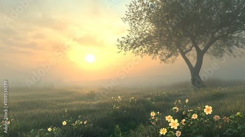 Morning mist lingering over a peaceful meadow as the sun rises in the sky photo