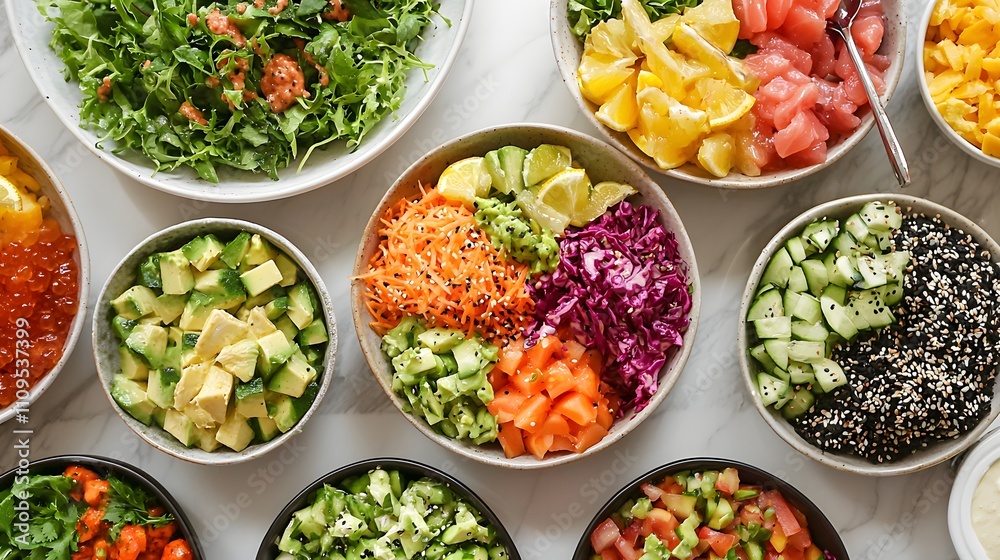 A colorful buffet display featuring vibrant poke bowls and protein-packed salads. A colorful buffet display featuring vibrant poke bowls and protein-packed salads.