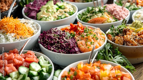 A colorful buffet display featuring vibrant poke bowls and protein-packed salads.