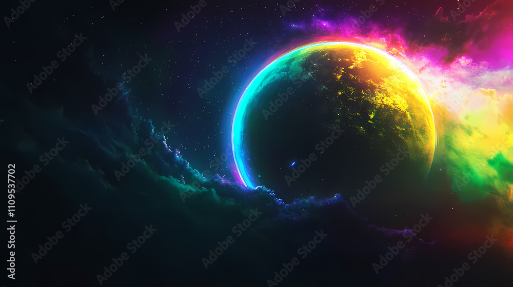 Obraz premium Solar eclipse overlay effect neon blue, yellow, green, purple blazing star edge behind planet in dark sky. Eclipse. Illustration