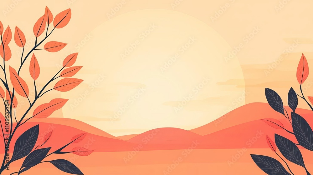 A serene sunset landscape featuring hills and leaves with warm orange tones. A serene sunset landscape featuring hills and leaves with warm orange tones.