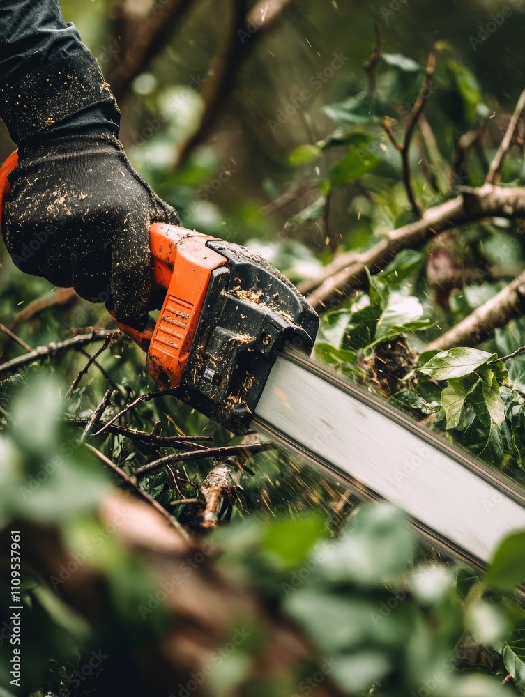 Power Tool Tree Trimming: Efficient Branch Removal - A person uses a chainsaw to trim branches, showcasing efficiency, precision, and landscaping. Represents power, nature, work, maintenance and grow Power Tool Tree Trimming: Efficient Branch Removal - A person uses a chainsaw to trim branches, showcasing efficiency, precision, and landscaping. Represents power, nature, work, maintenance and grow