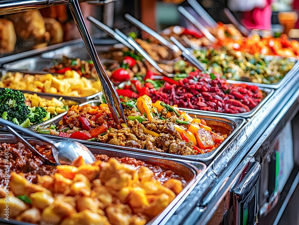 A colorful buffet of international street food with ample room for event promo text on the side. A colorful buffet of international street food with ample room for event promo text on the side.