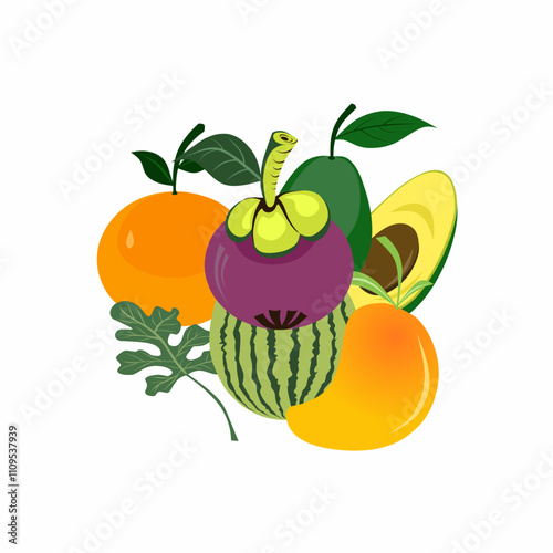 Vector illustration featuring various tropical fruits. Mango, avocado, mangosteen, watermelon and orange. Ideal for promoting healthy lifestyle and nutrition concepts. Perfect for websites and marketi photo