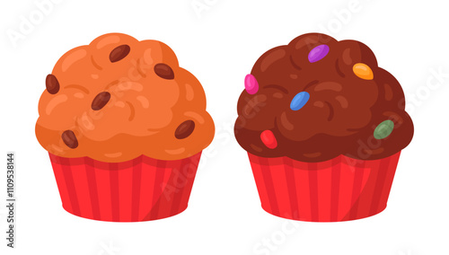 Cartoon cupcakes. Sweet pastry vanilla and chocolate muffins, delicious dessert with chocolate chip flat vector illustration. Tasty cupcakes on white