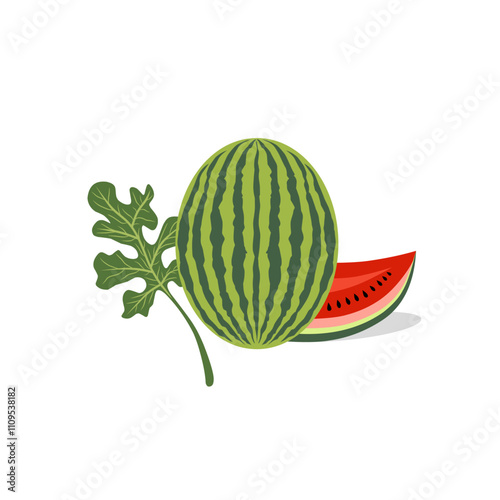 Colorful vector illustration showing a whole watermelon with slices and leaves. A perfect representation of summer, freshness and the beauty of natural fruits.
