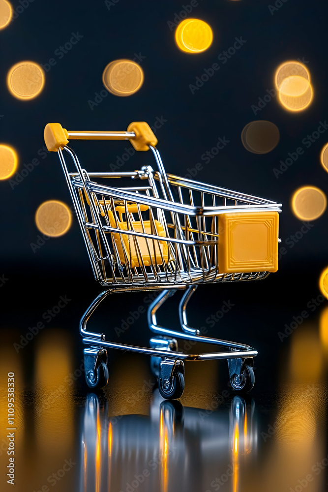 A shiny shopping cart with a yellow accent sits against a blurred background of warm bokeh lights, symbolizing retail and consumerism. A shiny shopping cart with a yellow accent sits against a blurred background of warm bokeh lights, symbolizing retail and consumerism.