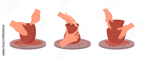 Ceramic crafting process. Cartoon hands making vases and pots, pottery workshop lesson flat vector illustration set. Potters hands making pots on pottery wheel