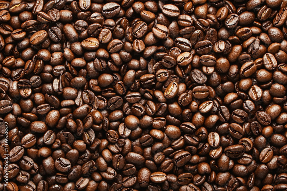 Naklejka premium Freshly roasted coffee beans spread across a wooden surface