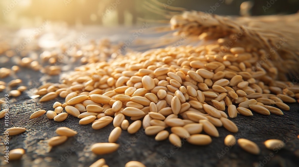Obraz premium Organic wheat grains, scattered on rustic surface, 3D illustration.