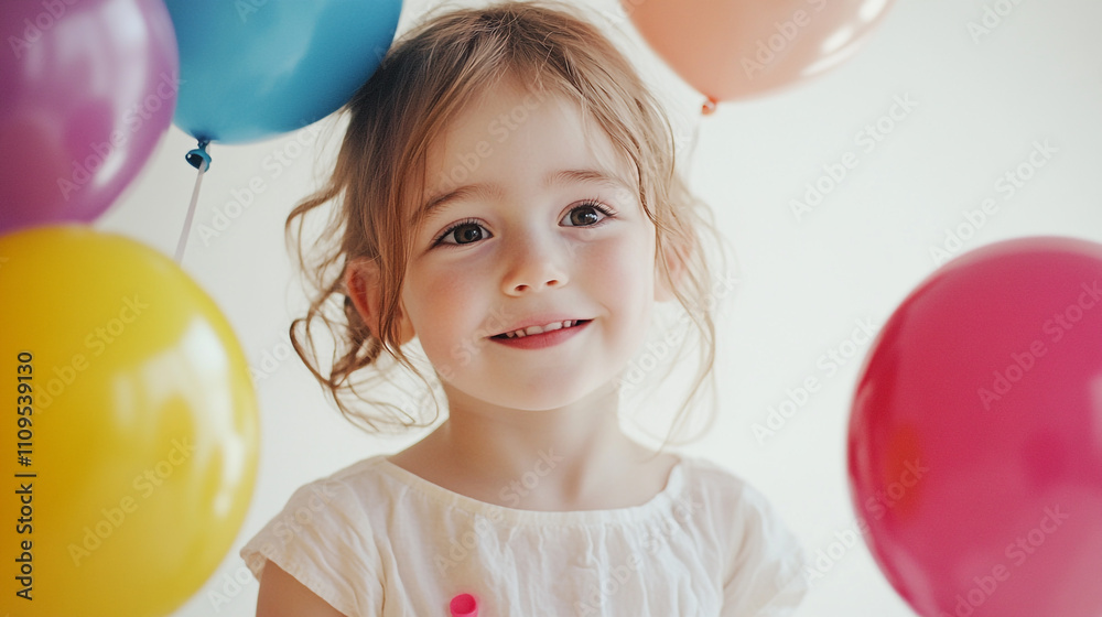 Smiling child with colorful balloons celebrating a happy moment indoors Smiling child with colorful balloons celebrating a happy moment indoors