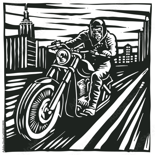 Motorcyclist rides a motorcycle along a city street, vector
