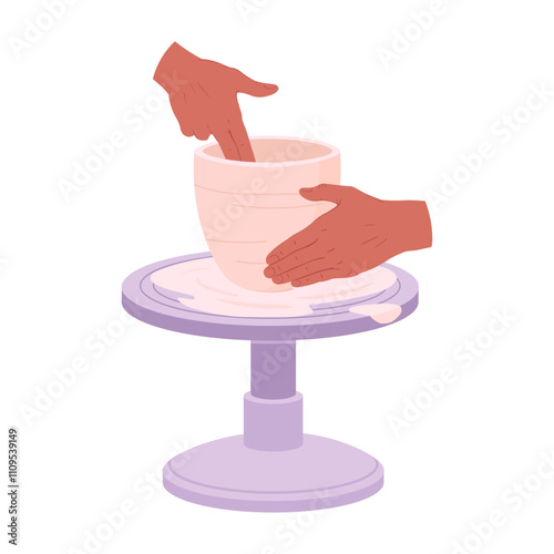 Hands create earthenware. Cartoon ceramic studio potter modeling clay vase, pottery workshop process on pottery wheel flat vector illustration. Potter making pot