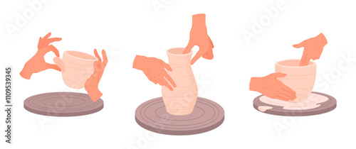 Hands making pots. Pottery workshop process, ceramic crafting process flat vector illustration set. Cartoon potter's hands making pots on pottery wheel