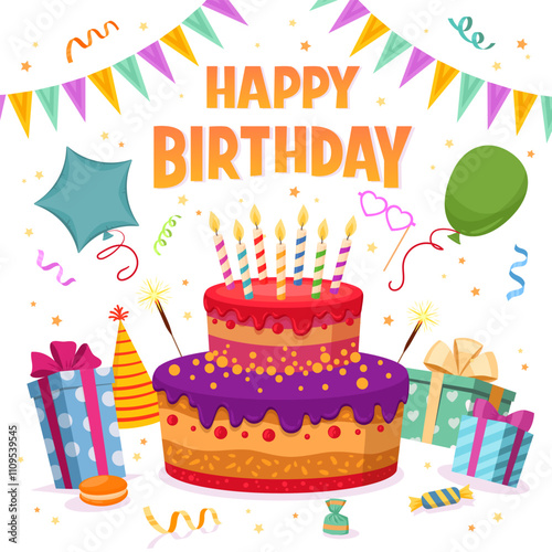 Happy birthday party poster. Cartoon festive background with cake, balloons, gifts and candles, HB celebration party flat vector background illustration. Birthday party card
