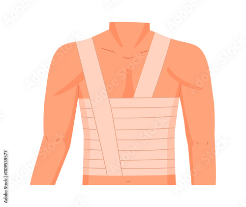 Injured body part bandage. Human torso medical bandaging, emergency treatment for dislocation, sprains and tendon damage flat vector illustration. Cartoon injury bandage