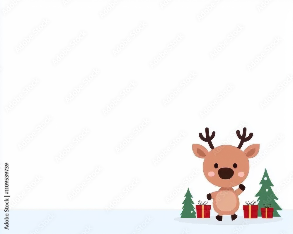 Cute reindeer with gifts and Christmas trees in a snowy scene. Cute reindeer with gifts and Christmas trees in a snowy scene.