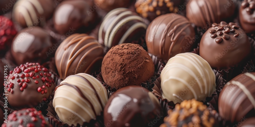 A close-up of assorted chocolate truffles, showcasing various textures and toppings, inviting a rich and indulgent experience. A close-up of assorted chocolate truffles, showcasing various textures and toppings, inviting a rich and indulgent experience.
