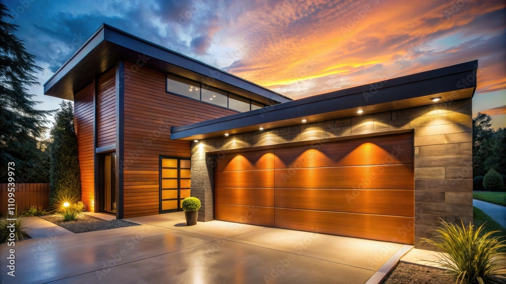 Modern Garage Door Night Photography - Luxury Home Exterior, Orange House, Dark Brown Metal Door Modern Garage Door Night Photography - Luxury Home Exterior, Orange House, Dark Brown Metal Door
