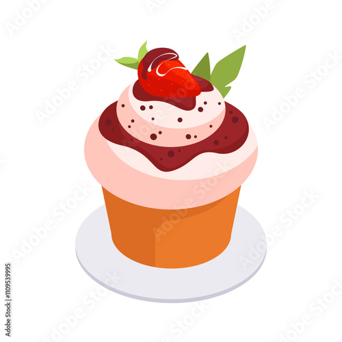 Isometric delicious muffin. Sweet vanilla dessert with strawberry 3d vector illustration. Tasty cupcake on white