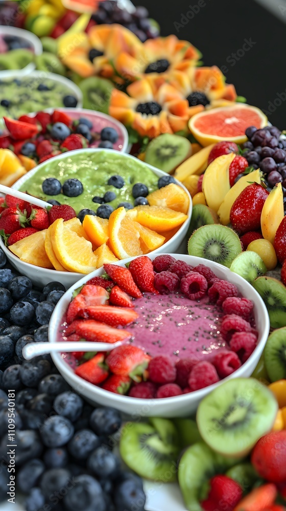 A colorful catering display offering smoothie bowls and fresh fruits, ideal for a summer event promotion. A colorful catering display offering smoothie bowls and fresh fruits, ideal for a summer event promotion.