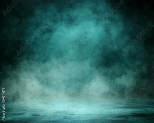 Dark teal smoky background with floor reflection.