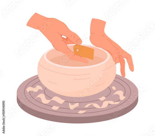 Potter hands create earthenware. Ceramic studio potter modeling clay vase, pottery workshop process on pottery wheel flat vector illustration. Hands making pot