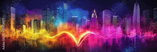 Vibrant City Skyline with Heartbeat Pulse - Cityscape, heartbeat line, vibrant colors, energy, growth. Represents urban pulse, progress, and dynamic life.