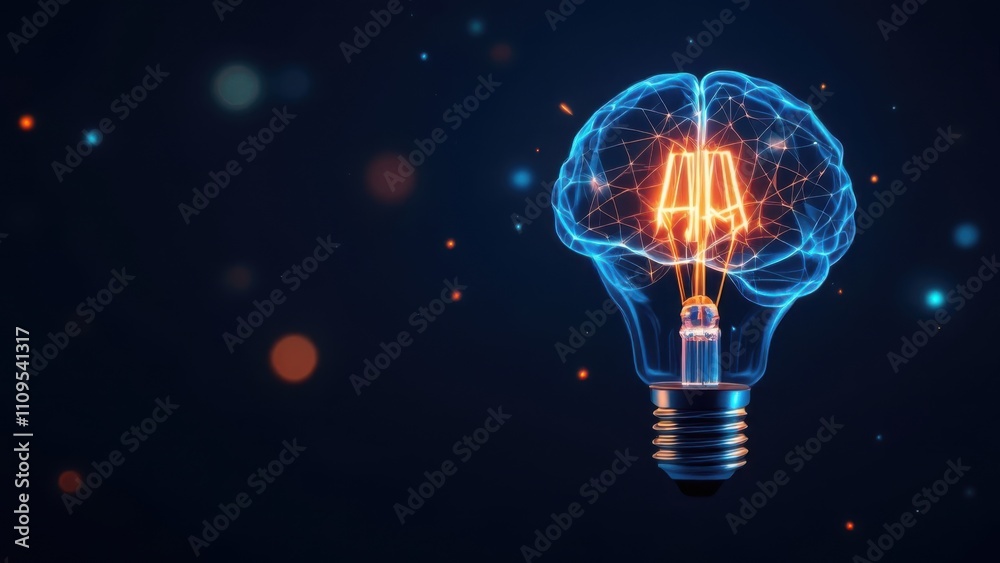 glowing lightbulb with brain-like filaments inside, symbolizing creativity, ideas, and innovation in a futuristic and conceptual design