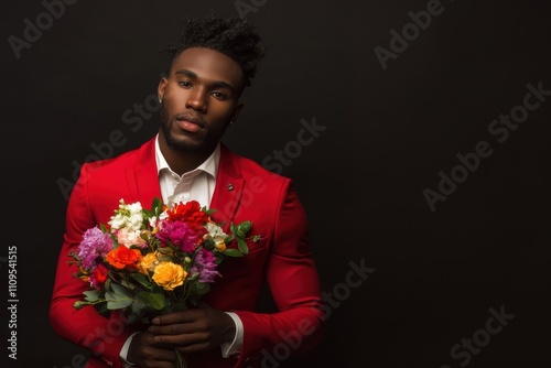 A man in a red suit holding a bouquet of flowers