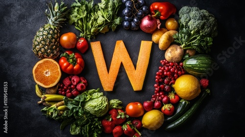 Vitamin W: A Circle of Fresh Fruits and Vegetables - Healthy eating, vitamins, wellness, nutrition, abundance.  Fruits and vegetables arranged in a circle forming the letter W. photo