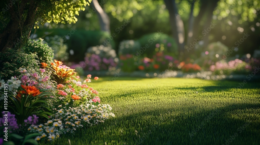 Obraz premium Tranquil Garden Oasis, a serene outdoor space adorned with vibrant blooming flowers and lush soft grass, inviting relaxation and a sense of calm amidst nature's beauty