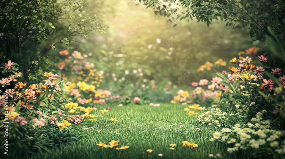 Serene Garden Oasis, tranquil setting with vibrant blooms, lush green grass, inviting atmosphere perfect for relaxation and contemplation in nature's embrace Serene Garden Oasis, tranquil setting with vibrant blooms, lush green grass, inviting atmosphere perfect for relaxation and contemplation in nature's embrace