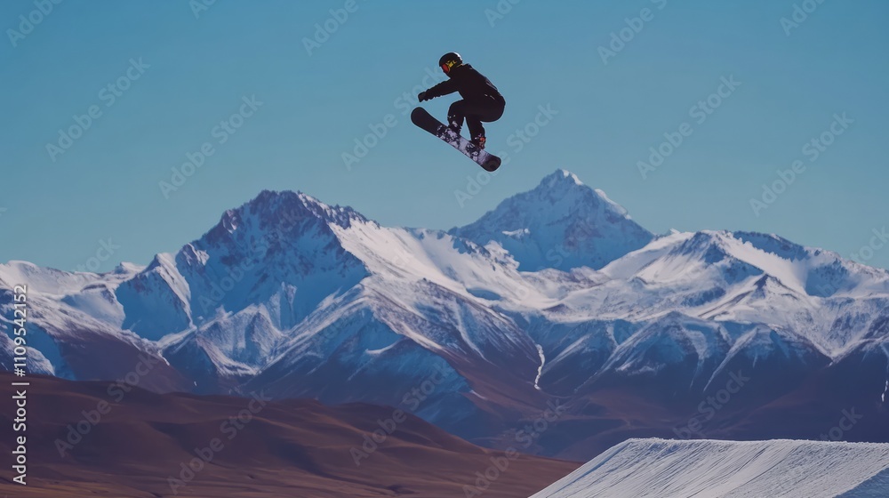 A Snowboarder Mid-Air Performing a Trick with Snowy Mountains in the Background
A Snowboarder Mid-Air Performing a Trick with Snowy Mountains in the Background