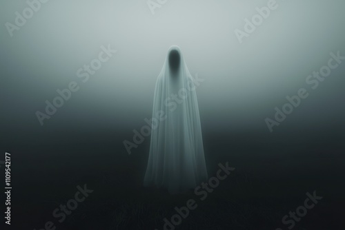 Ethereal figure in foggy landscape.