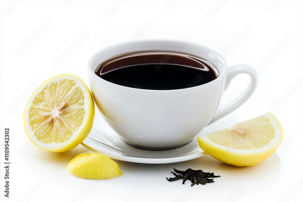 Hot tea with lemon slices on a white background