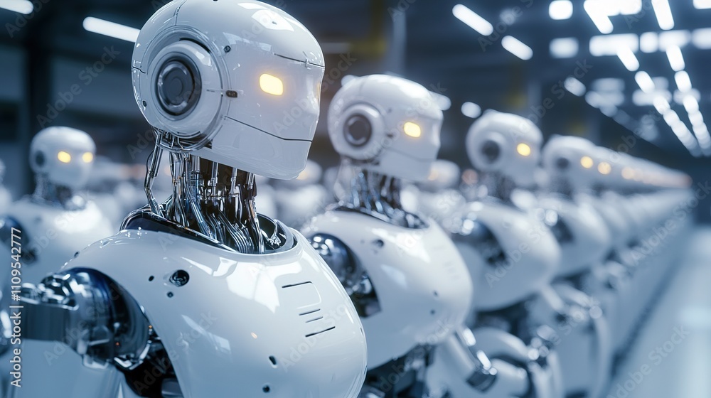 Robots handling repetitive tasks in a smart factory environment. Robots handling repetitive tasks in a smart factory environment.